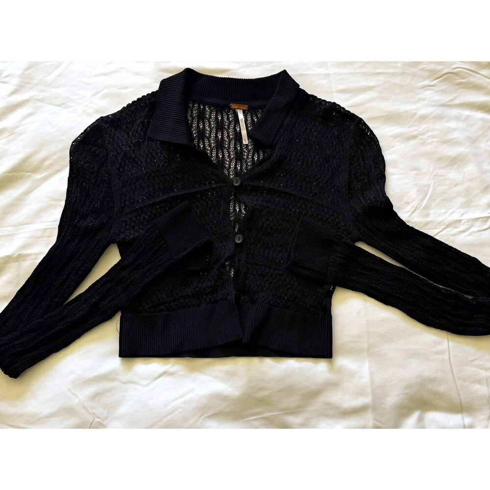 Free People Black Open Knit Button Front Long Sleeve Cropped Cardigan XS